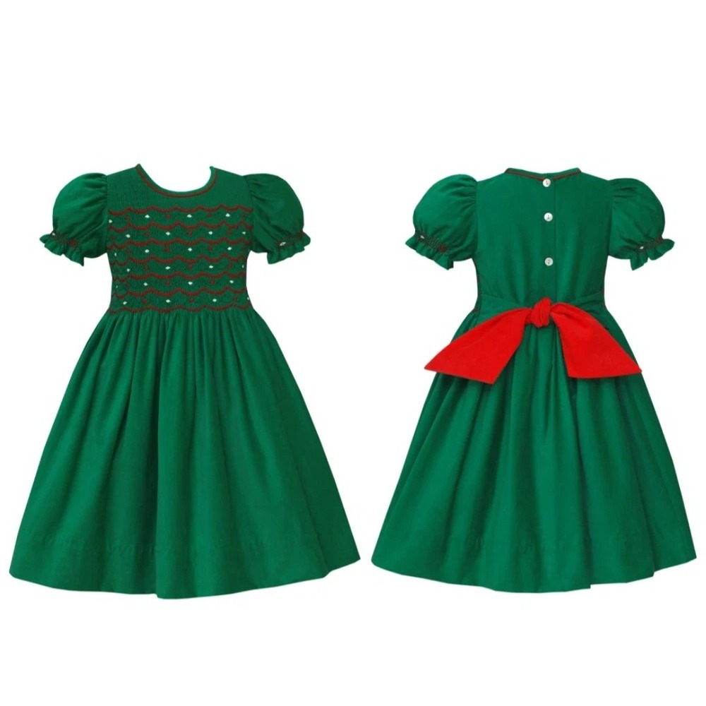 Anavini Smocked Corduroy Dress Kids 4T Green Holiday Christmas Velvet Bow